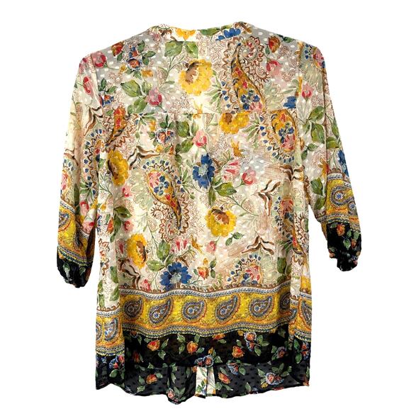 Fig and Flower Boho Paisley Blouse 3/4 sleeve swiss dot button front semi sheer - Picture 2 of 11